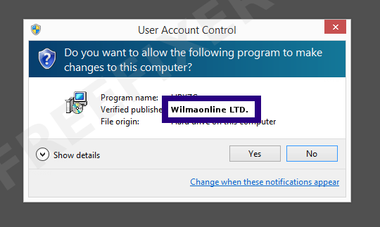 Screenshot where Wilmaonline LTD. appears as the verified publisher in the UAC dialog